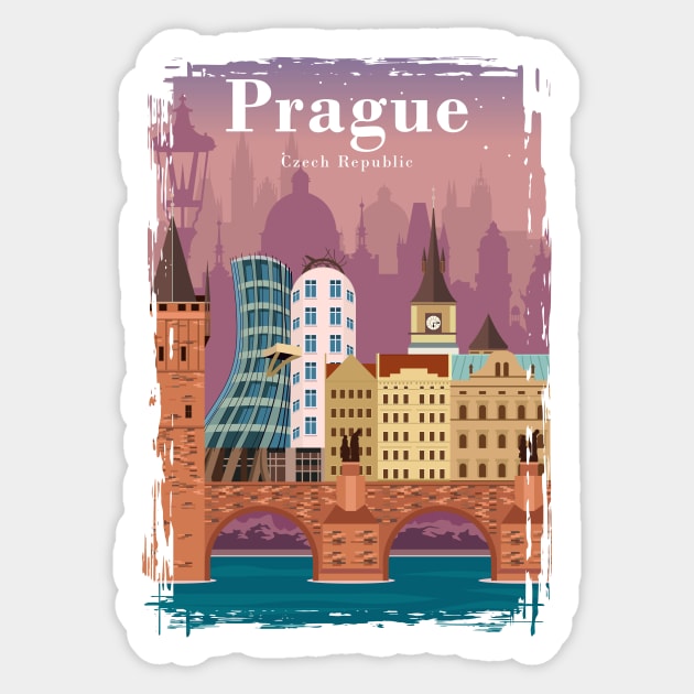 Prague Colorful Vintage Minimal Travel Poster Sticker by jornvanhezik